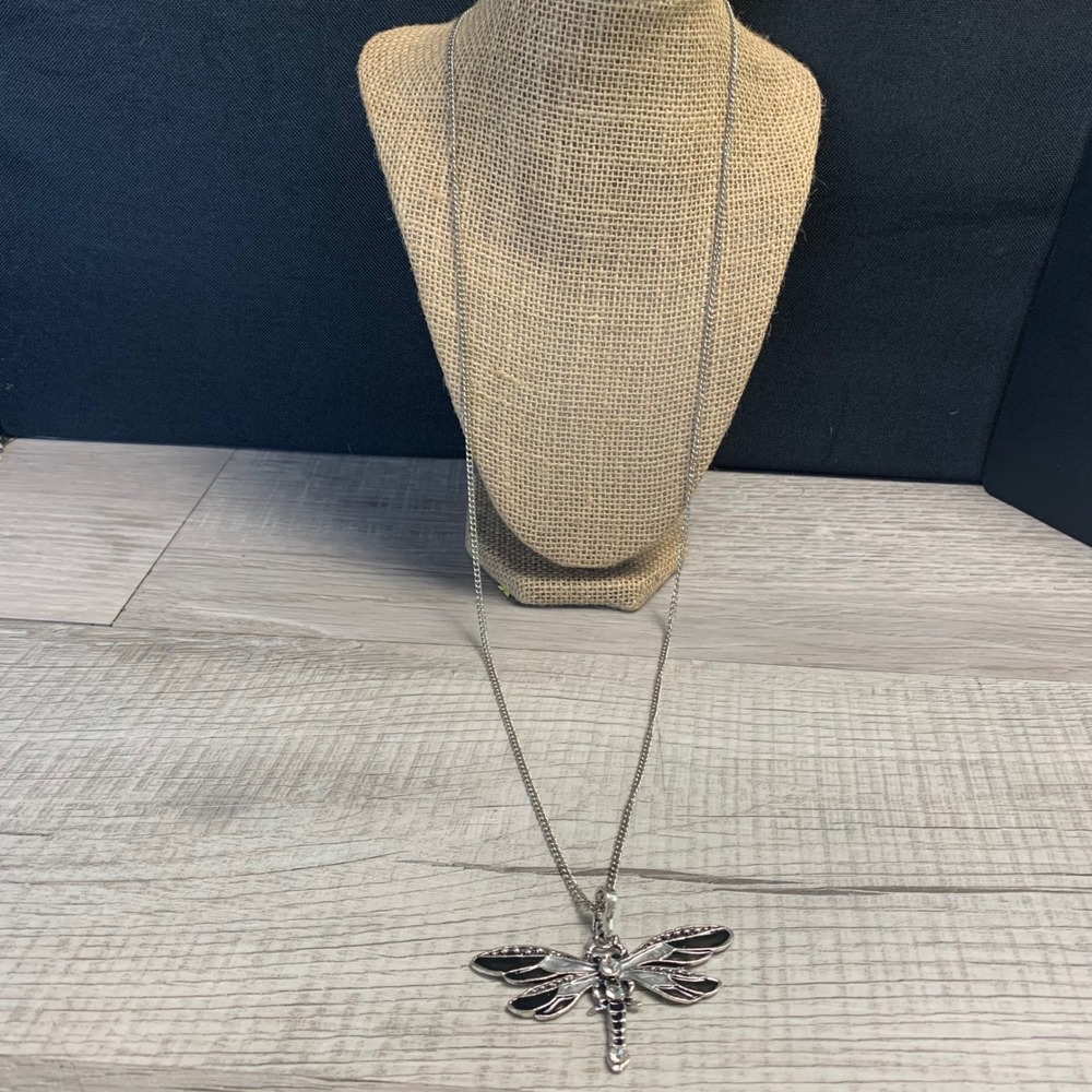 Silver Tone Dragonfly Pendant Necklace Black White Enamel Rhinestone 36 Inch
